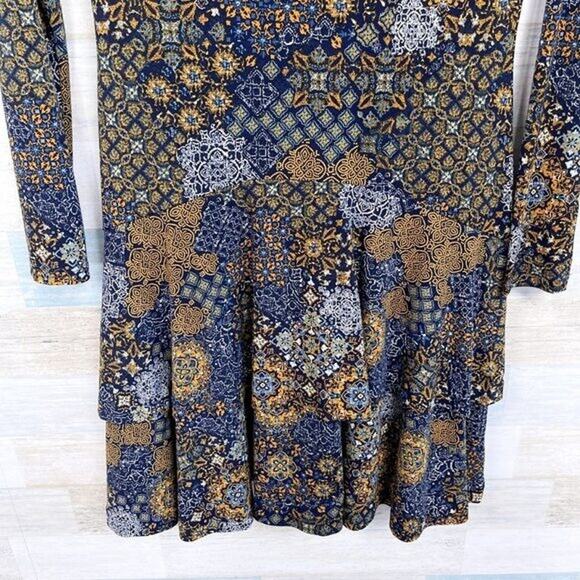MICHAEL KORS Medallion Print Tiered Hem Dress Blue Yellow Stretch Womens Small - Picture 4 of 8